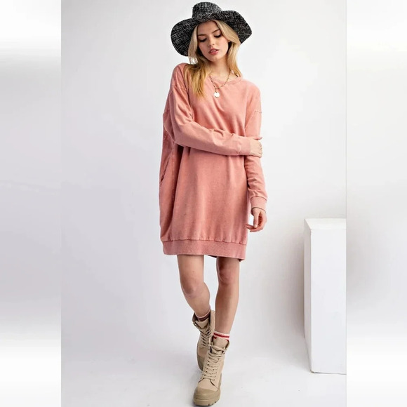 New Easel Mineral Washed Cotton Knit Long Sleeve Pullover Dress - Picture 6 of 6
